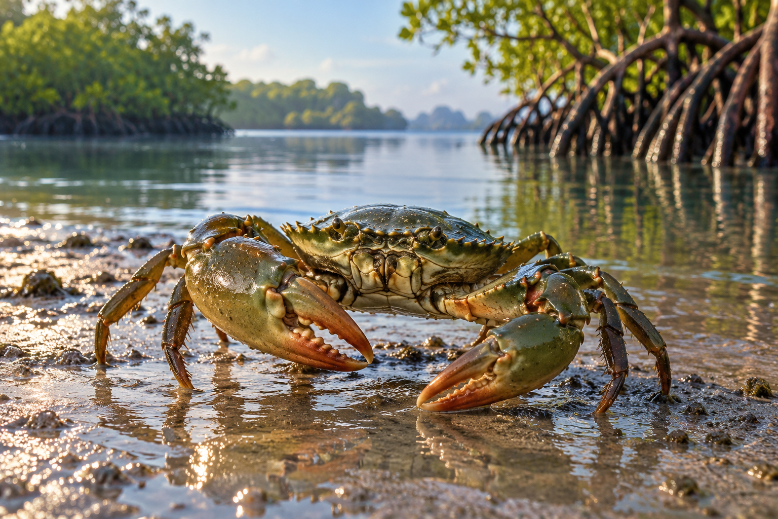 Illustration: Mud crab beside an imagined tropical lagoon