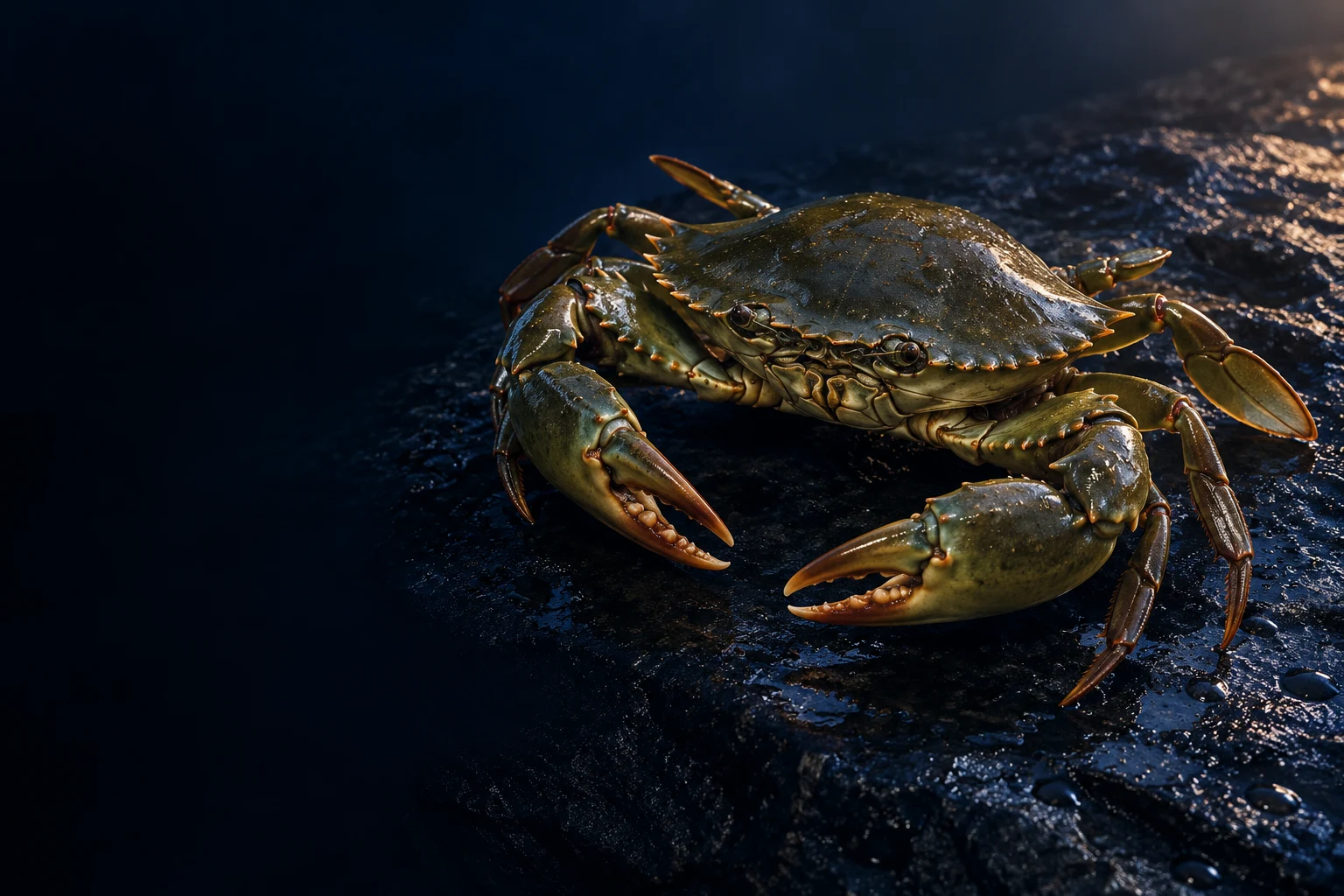 Illustration: Live mud crab on dark wet stone